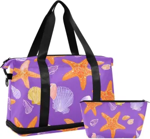 Travel Duffel Bag Starfish Shell Pattern Foldable Sports Tote Gym Bag with Shoe & Wet Compartment Shoulder Carry on Luggage Duffel Weekender Overnight for Men Women