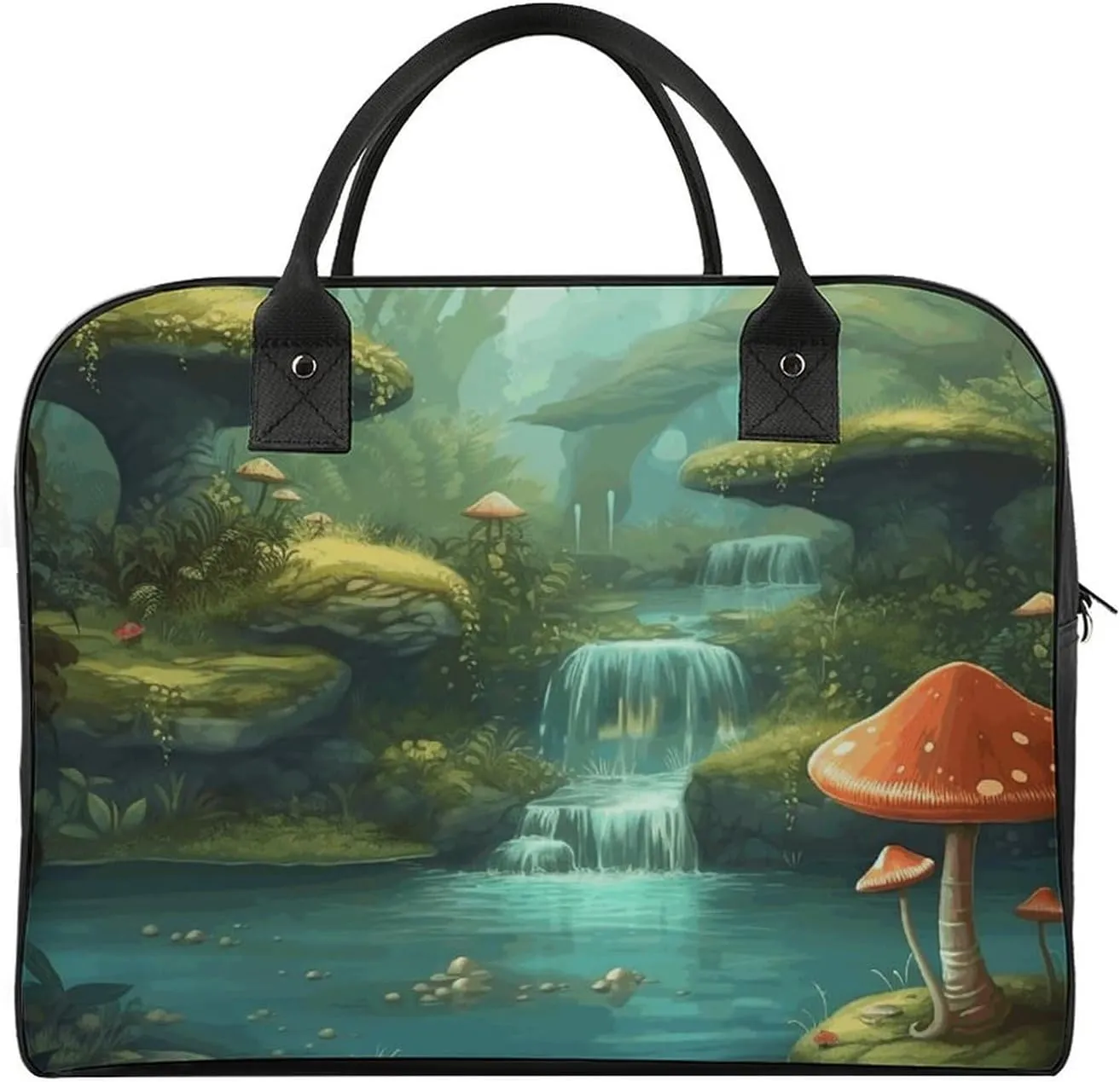 Travel Duffel Bag View of Fantasy River with Pond And Fishes Mushroom in Jungle Trees Print Yoga Tote Bag Gym Bag Weekender Overnight Bag for Travel, Beach, Fitness, Yoga, Swimming