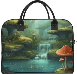Travel Duffel Bag View of Fantasy River with Pond And Fishes Mushroom in Jungle Trees Print Yoga Tote Bag Gym Bag Weekender Overnight Bag for Travel, Beach, Fitness, Yoga, Swimming