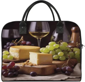 Travel Duffel Bag White Wine Cheese Cake Grapes Print Yoga Tote Bag Gym Bag Weekender Overnight Bag for Travel, Beach, Fitness, Yoga, Swimming