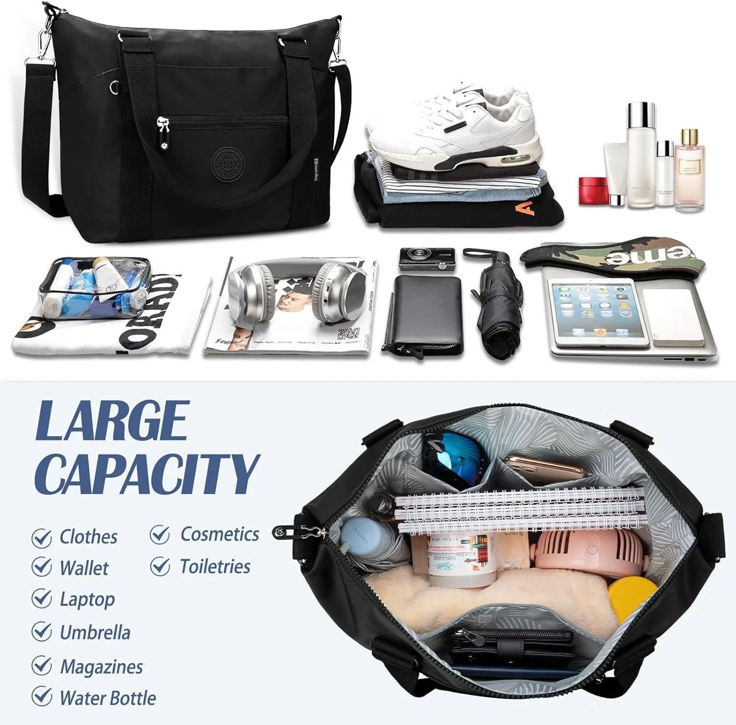 Travel Gym Duffel Bag for Women, Waterproof Nylon Weekender Overnight Bag Personal Item Carry on Bags for Airplanes Hospital Sports Fitness Dance Mommy Tote