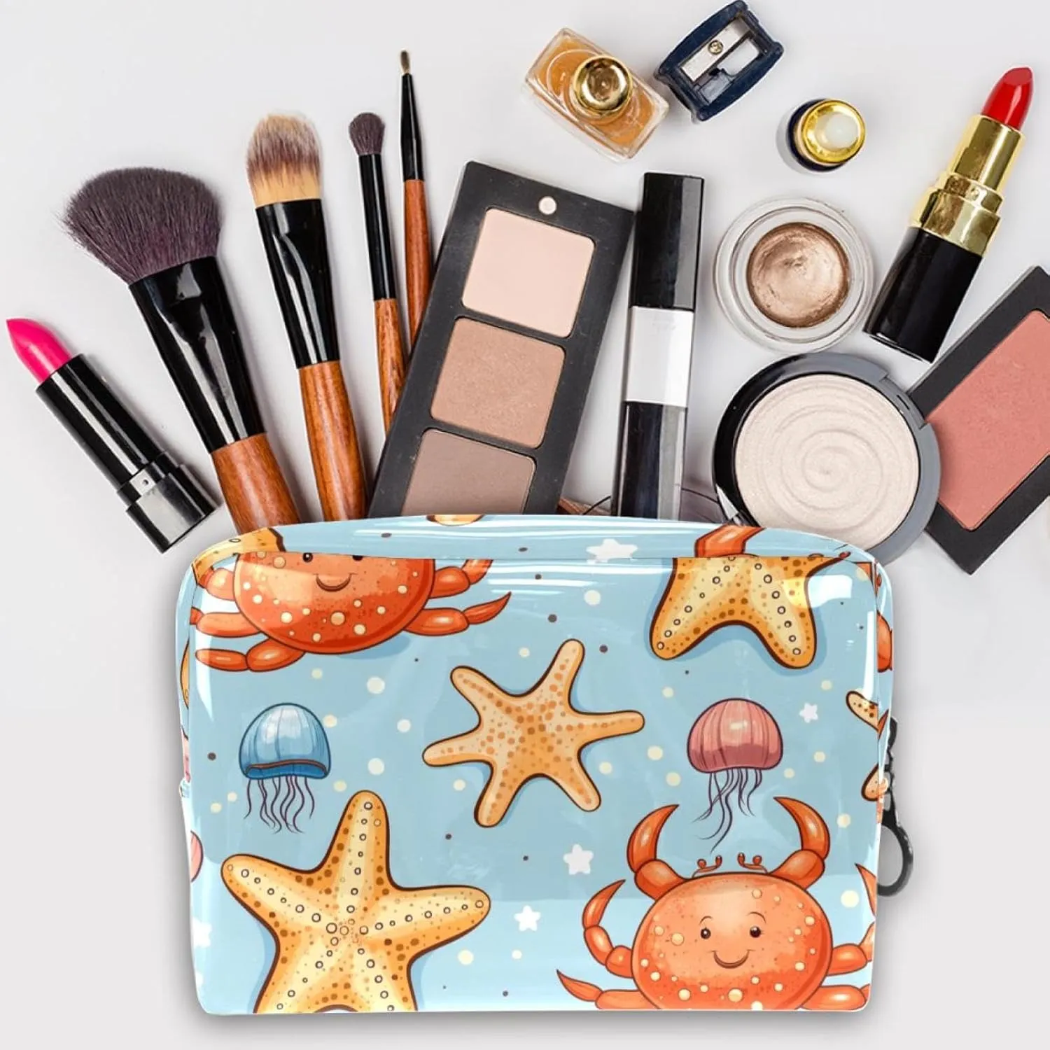 Travel Makeup Bag Jellyfish Starfish Cosmetic Bag Waterproof Toiletry Bag Portable Pouch For Women 7.3x3x5.1in