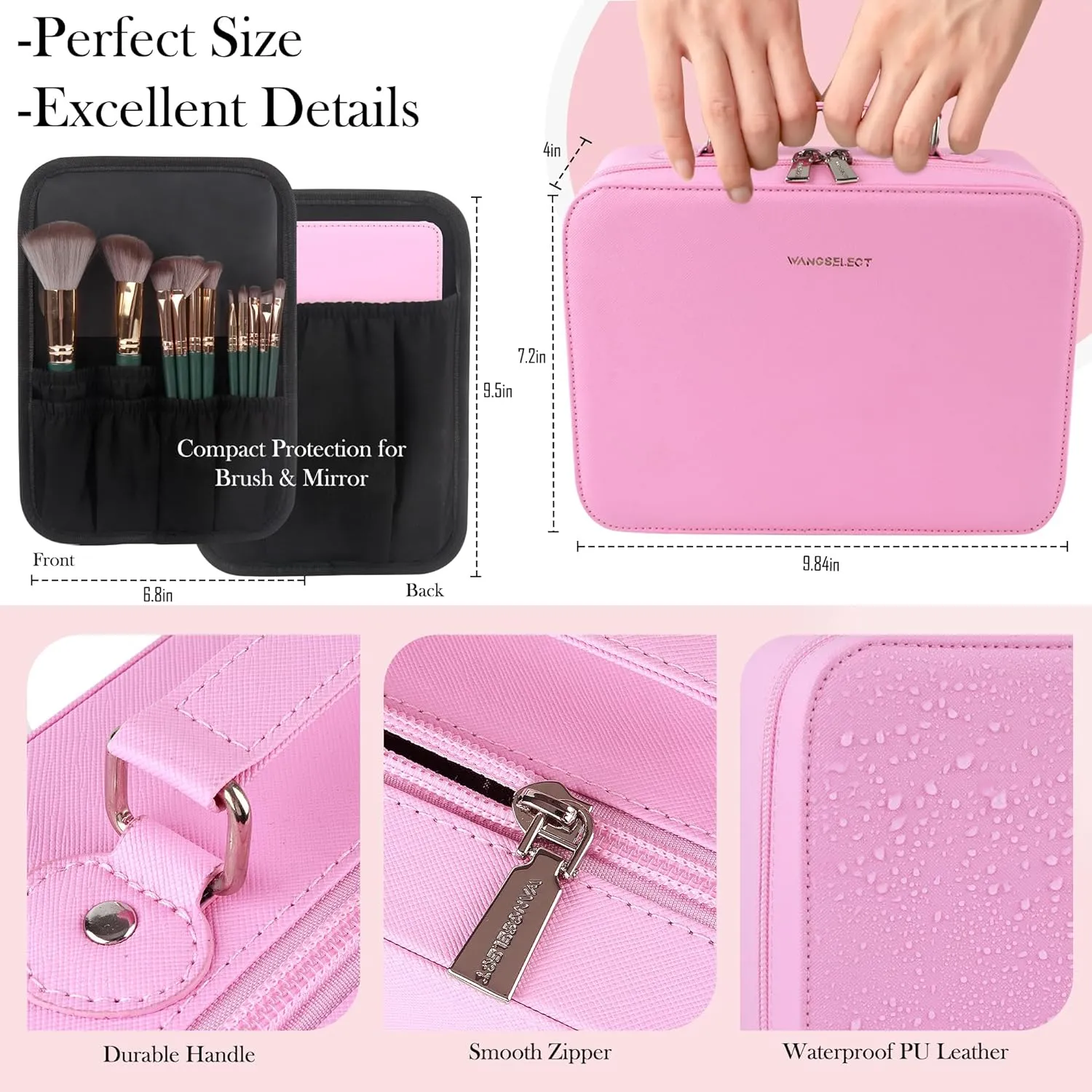 Travel Makeup Bag with Light-up Mirror Portable Cosmetic Organizer Train Case with Adjustable Dividers & Brushes Holder &1X/10X Magnifying Compact Mirror & Eyebrow Trimmer- Pink