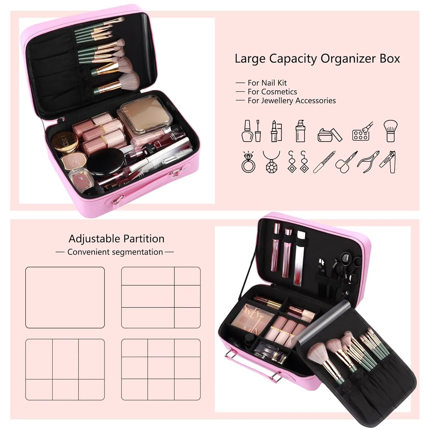 Travel Makeup Bag with Light-up Mirror Portable Cosmetic Organizer Train Case with Adjustable Dividers & Brushes Holder &1X/10X Magnifying Compact Mirror & Eyebrow Trimmer- Pink