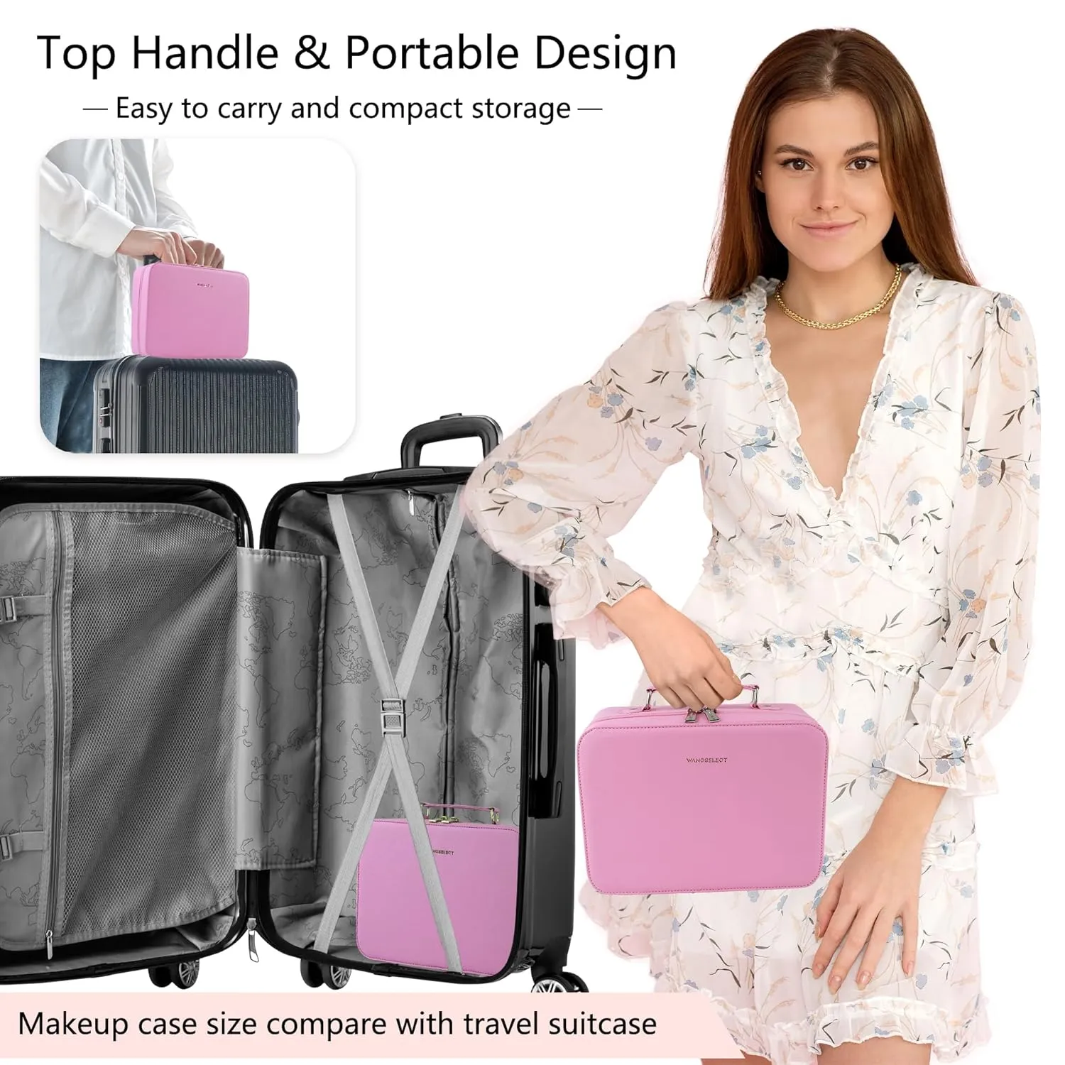Travel Makeup Bag with Light-up Mirror Portable Cosmetic Organizer Train Case with Adjustable Dividers & Brushes Holder &1X/10X Magnifying Compact Mirror & Eyebrow Trimmer- Pink