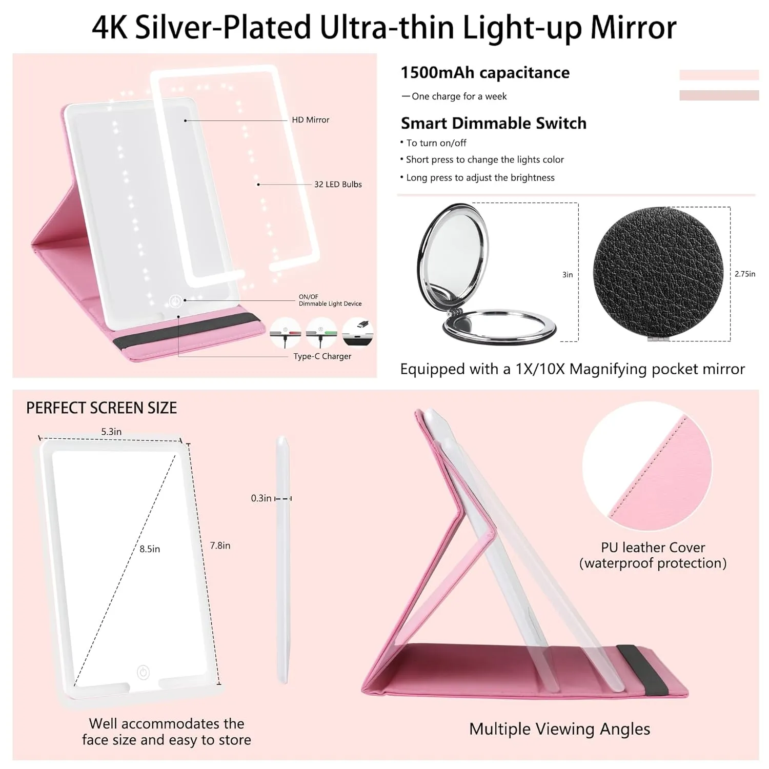 Travel Makeup Bag with Light-up Mirror Portable Cosmetic Organizer Train Case with Adjustable Dividers & Brushes Holder &1X/10X Magnifying Compact Mirror & Eyebrow Trimmer- Pink