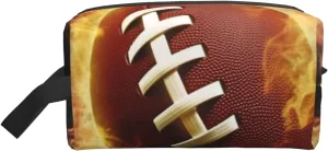 Travel Toiletry Bag for Women Men Leather Makeup Bag Large Portable Travel Organizer Flaming American Football Cosmetic Bag with Hanging Hook Travel Bathroom Bag Zipper Pouch Purse