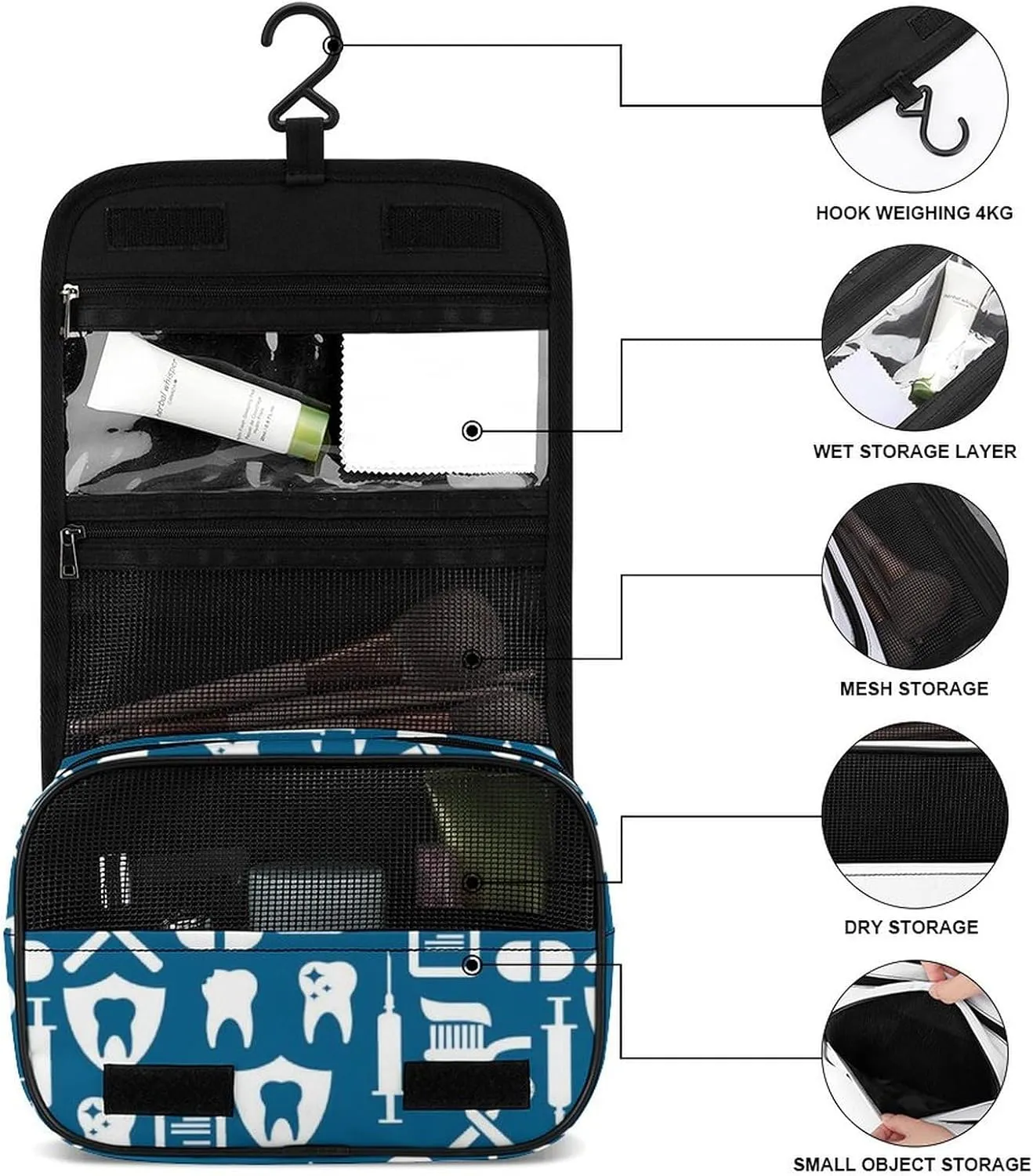 Travel Toiletry Bag for Women Men, Waterproof Makeup Bag Shaving Bag with Hanging Hook, Portable Toiletry Organizer Compatible with Teeth Dental Seamless Pattern for Traveling and Camping