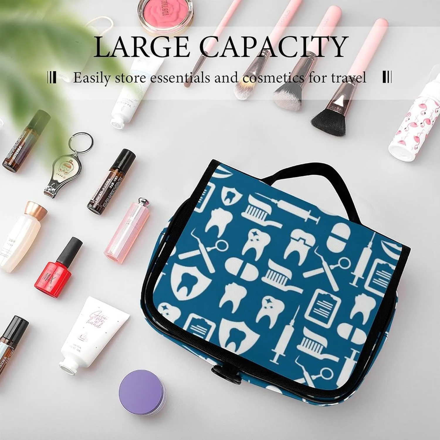 Travel Toiletry Bag for Women Men, Waterproof Makeup Bag Shaving Bag with Hanging Hook, Portable Toiletry Organizer Compatible with Teeth Dental Seamless Pattern for Traveling and Camping