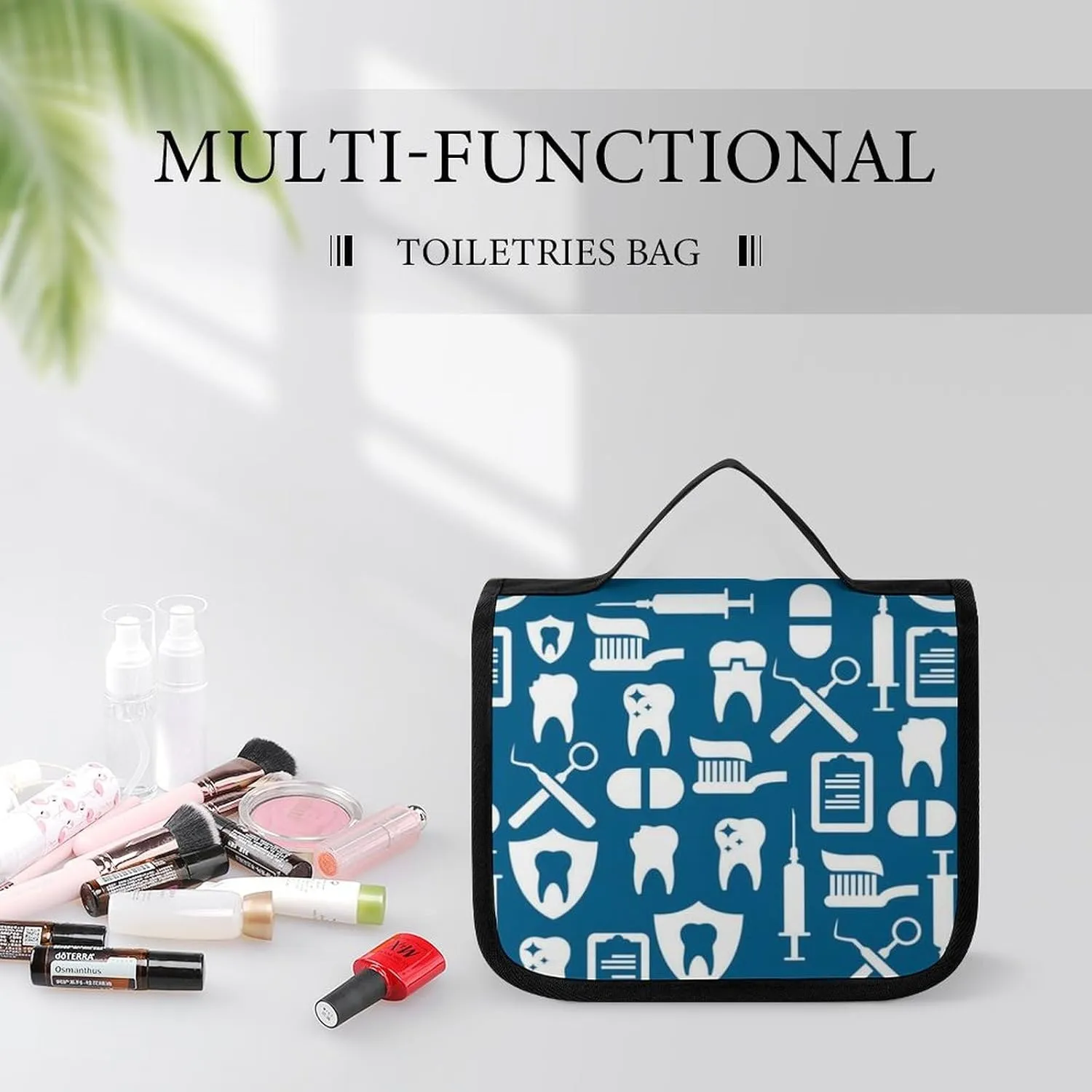 Travel Toiletry Bag for Women Men, Waterproof Makeup Bag Shaving Bag with Hanging Hook, Portable Toiletry Organizer Compatible with Teeth Dental Seamless Pattern for Traveling and Camping