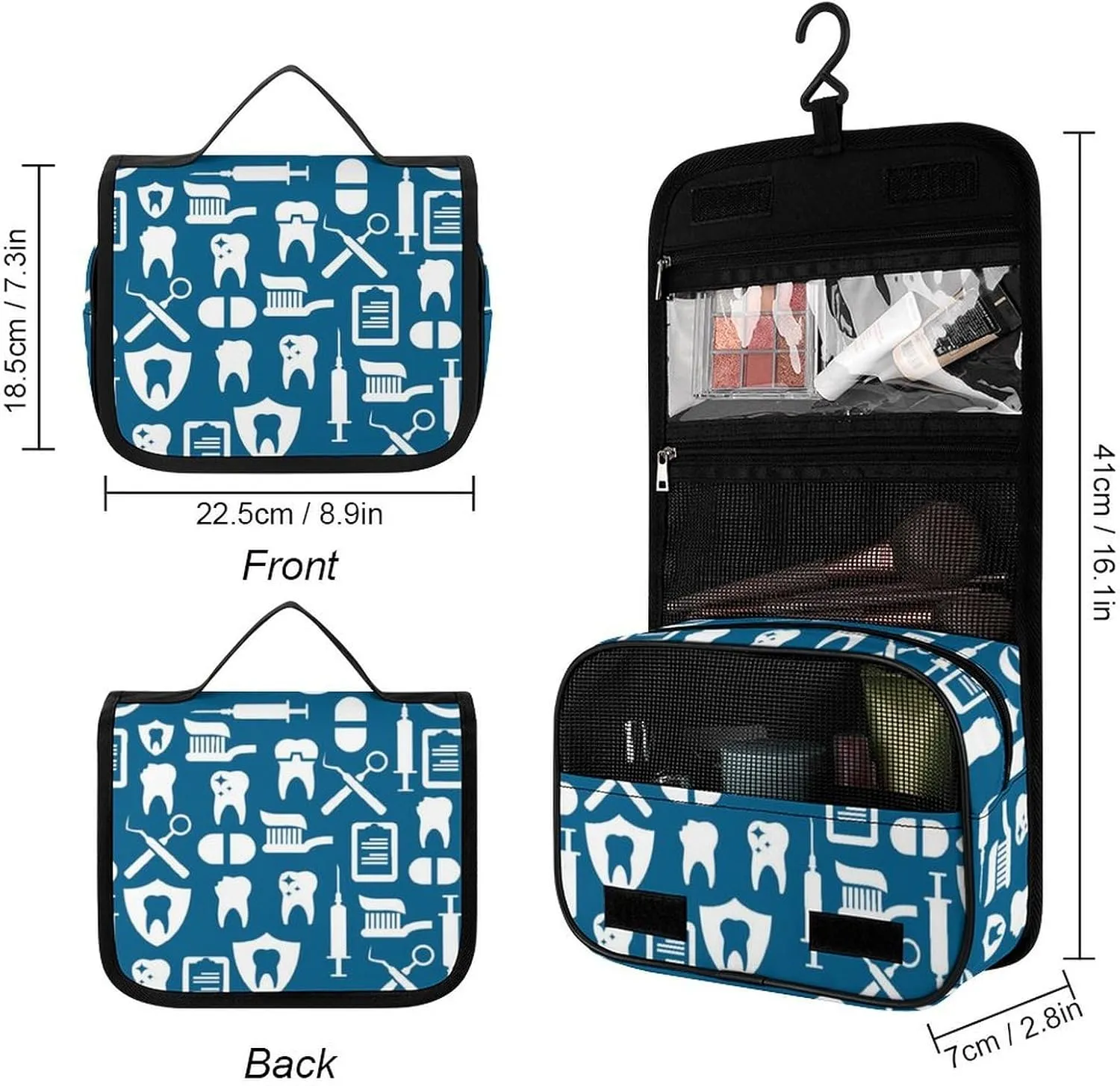 Travel Toiletry Bag for Women Men, Waterproof Makeup Bag Shaving Bag with Hanging Hook, Portable Toiletry Organizer Compatible with Teeth Dental Seamless Pattern for Traveling and Camping