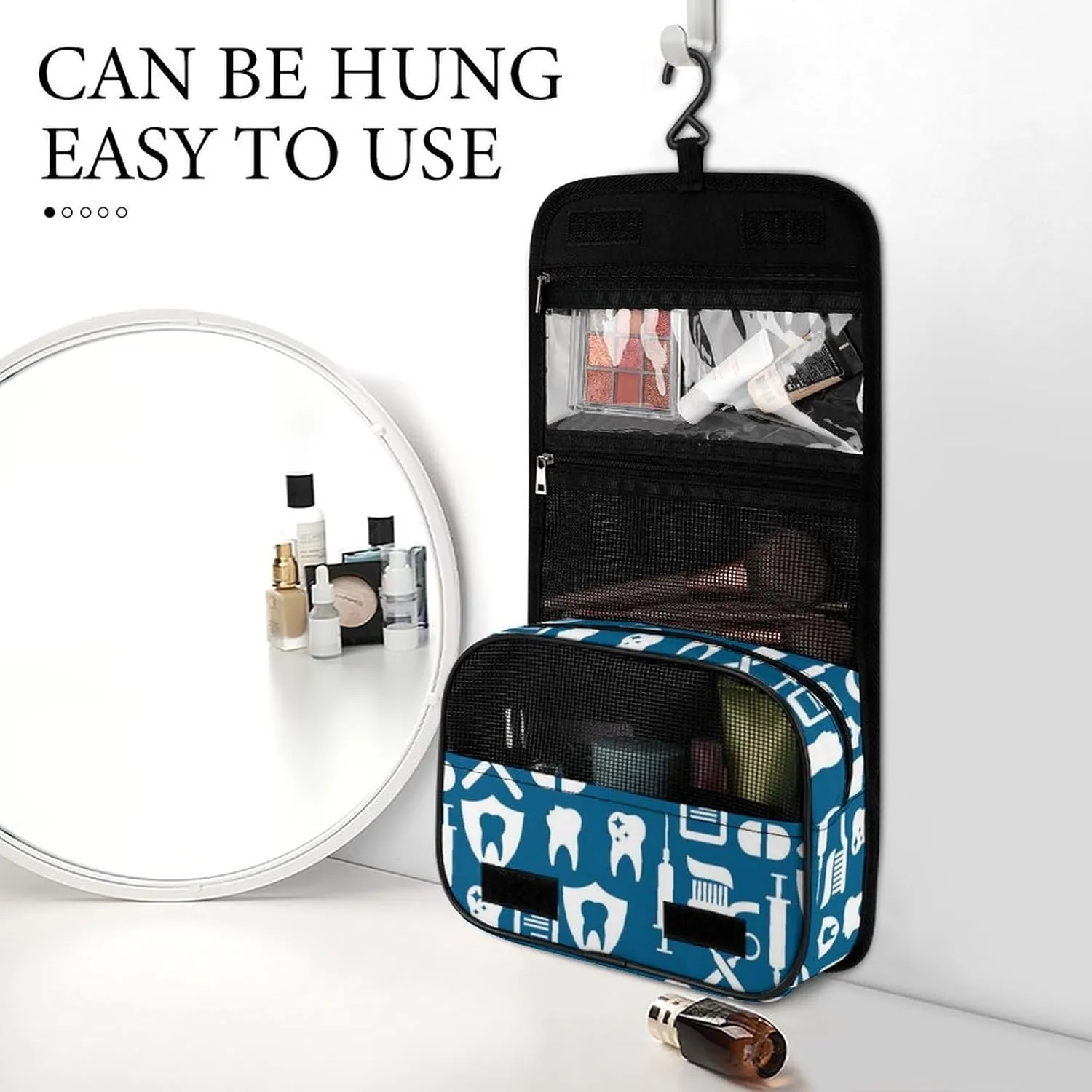 Travel Toiletry Bag for Women Men, Waterproof Makeup Bag Shaving Bag with Hanging Hook, Portable Toiletry Organizer Compatible with Teeth Dental Seamless Pattern for Traveling and Camping