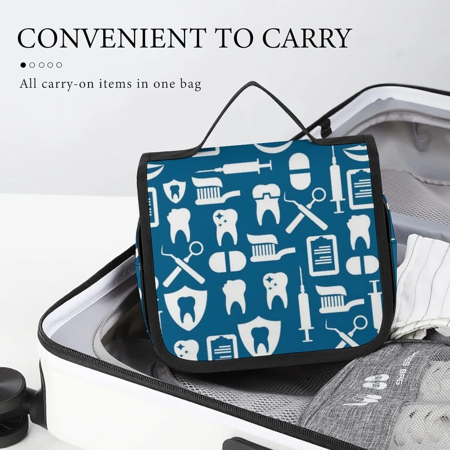 Travel Toiletry Bag for Women Men, Waterproof Makeup Bag Shaving Bag with Hanging Hook, Portable Toiletry Organizer Compatible with Teeth Dental Seamless Pattern for Traveling and Camping