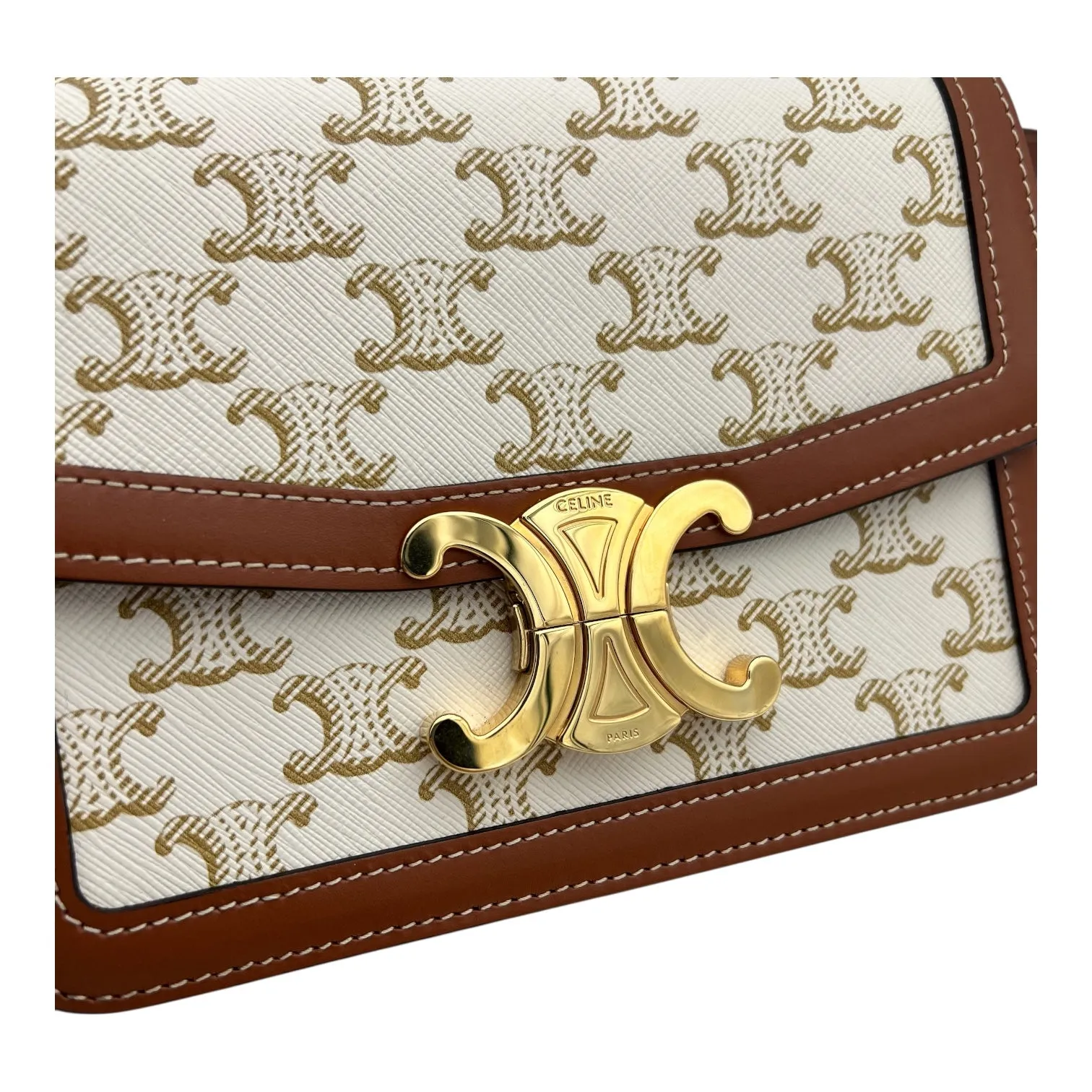 Triomphe Crossbody Bag Teen White in Coated Canvas, Gold hardware