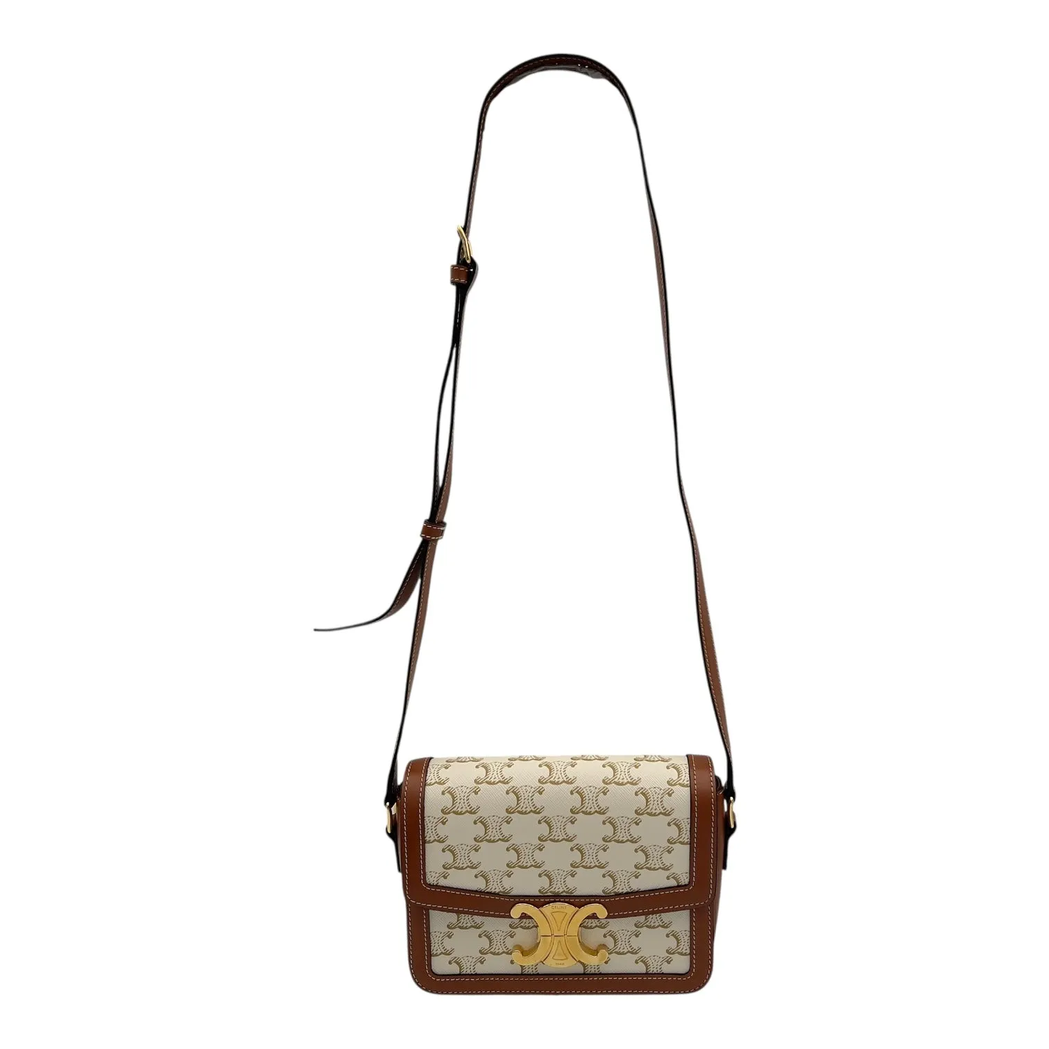 Triomphe Crossbody Bag Teen White in Coated Canvas, Gold hardware