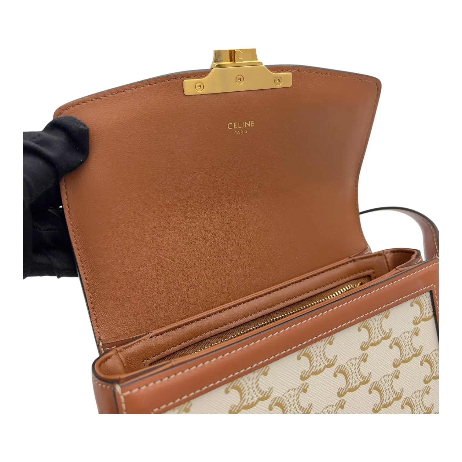 Triomphe Crossbody Bag Teen White in Coated Canvas, Gold hardware