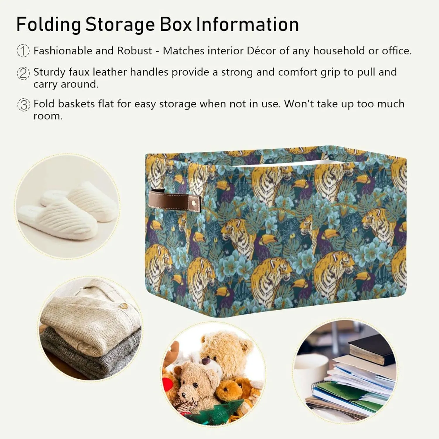 Tropical Seamless Exotic Turquoise Flowers, Toucan and Yellow Tiger 2 PC Rectangle Storage Basket Collapsible Fabric with Leather Handles Bag Organizer Clothes for Home Bedroom 15 x 11 x 9.5 in