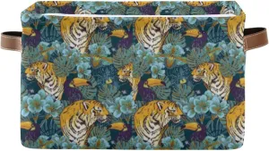 Tropical Seamless Exotic Turquoise Flowers, Toucan and Yellow Tiger 2 PC Rectangle Storage Basket Collapsible Fabric with Leather Handles Bag Organizer Clothes for Home Bedroom 15 x 11 x 9.5 in