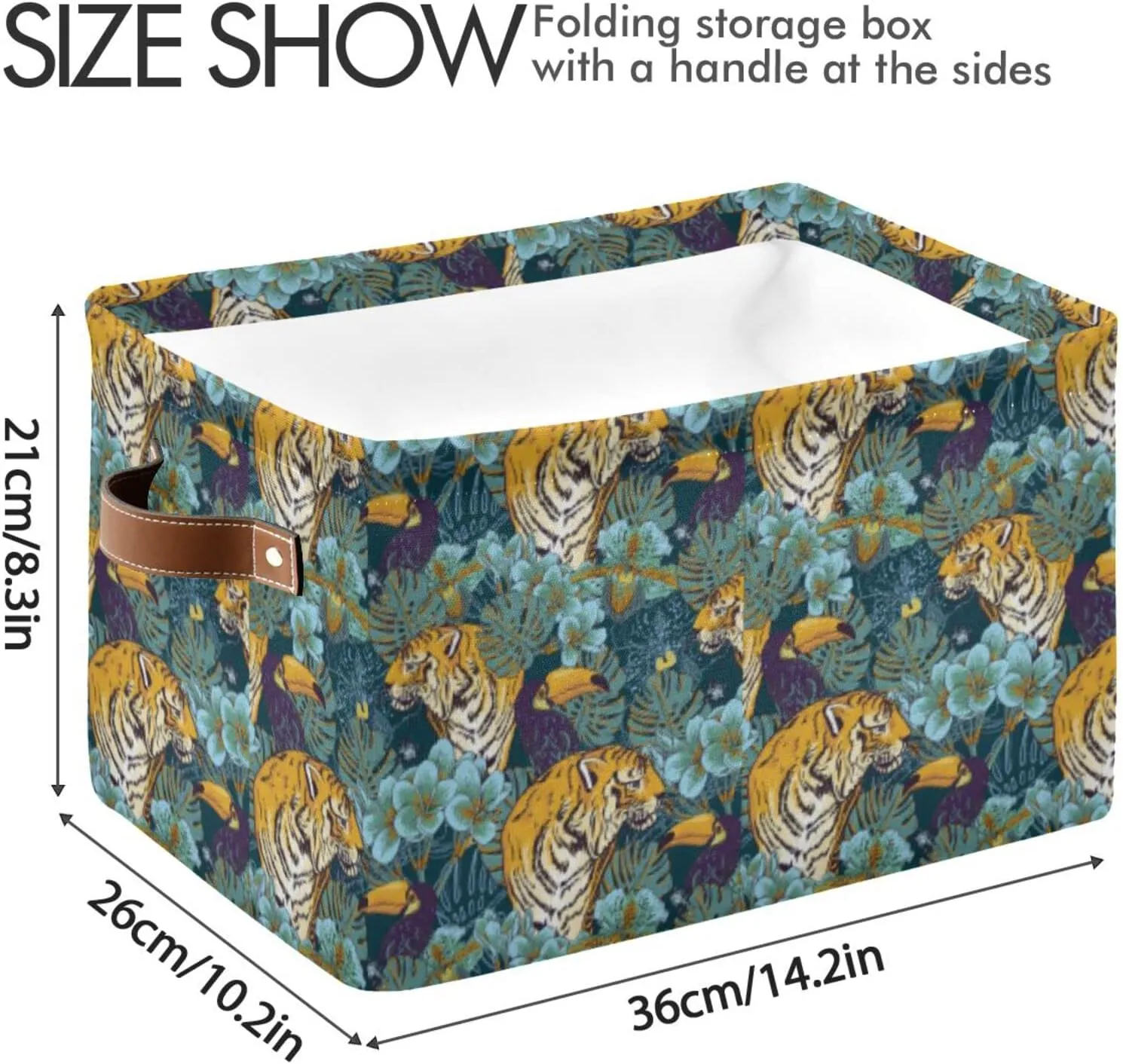 Tropical Seamless Exotic Turquoise Flowers, Toucan and Yellow Tiger 2 PC Rectangle Storage Basket Collapsible Fabric with Leather Handles Bag Organizer Clothes for Home Bedroom 15 x 11 x 9.5 in
