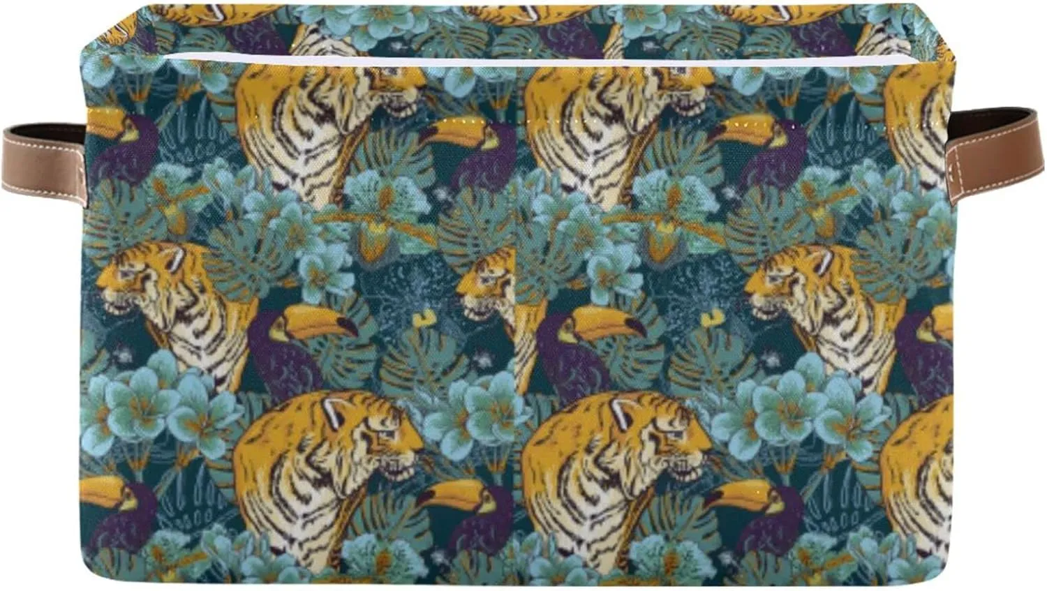 Tropical Seamless Exotic Turquoise Flowers, Toucan and Yellow Tiger 2 PC Rectangle Storage Basket Collapsible Fabric with Leather Handles Bag Organizer Clothes for Home Bedroom 15 x 11 x 9.5 in