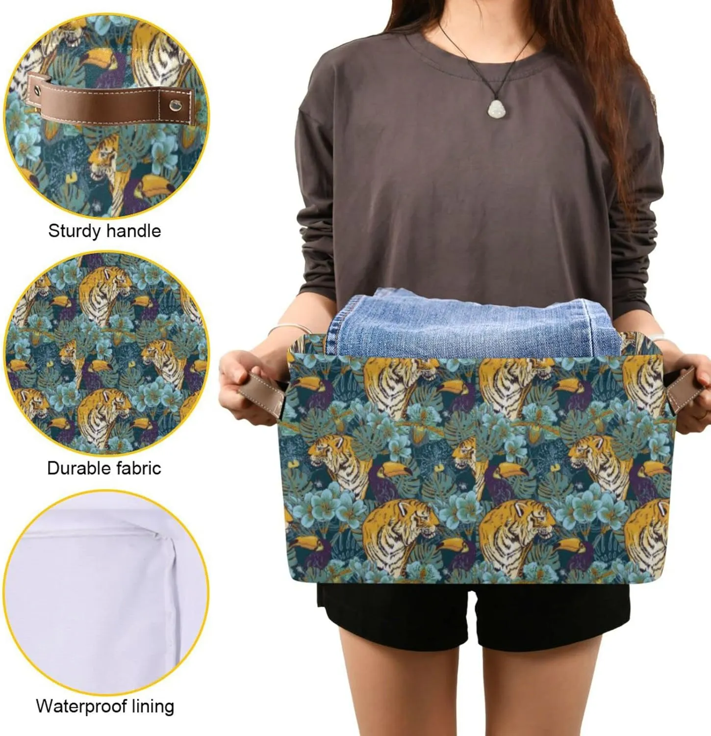 Tropical Seamless Exotic Turquoise Flowers, Toucan and Yellow Tiger 2 PC Rectangle Storage Basket Collapsible Fabric with Leather Handles Bag Organizer Clothes for Home Bedroom 15 x 11 x 9.5 in
