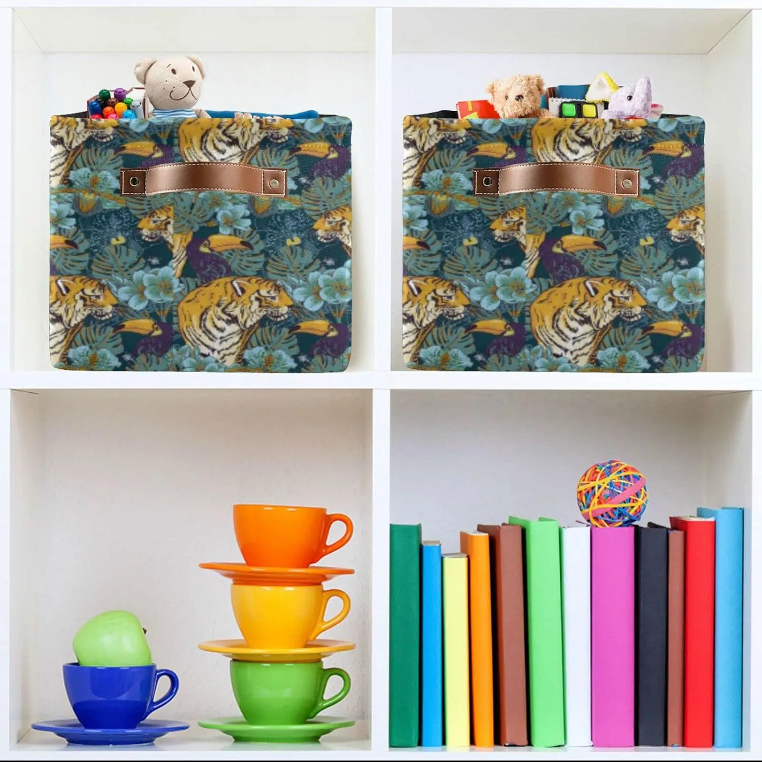 Tropical Seamless Exotic Turquoise Flowers, Toucan and Yellow Tiger 2 PC Rectangle Storage Basket Collapsible Fabric with Leather Handles Bag Organizer Clothes for Home Bedroom 15 x 11 x 9.5 in