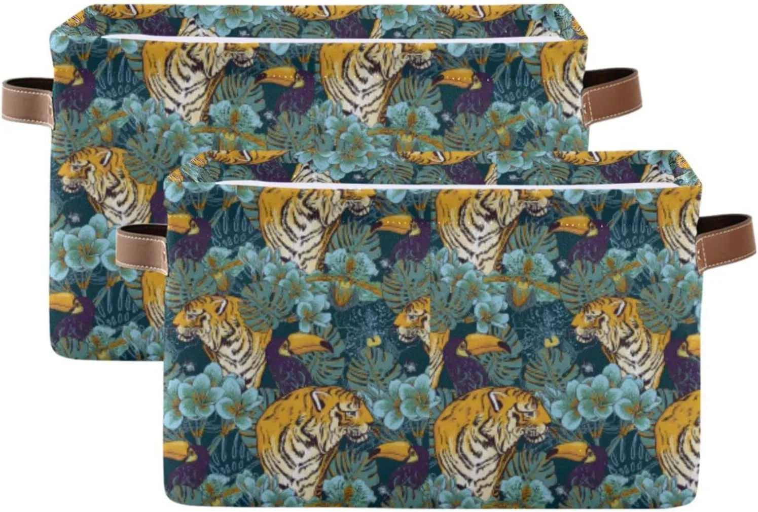 Tropical Seamless Exotic Turquoise Flowers, Toucan and Yellow Tiger 2 PC Rectangle Storage Basket Collapsible Fabric with Leather Handles Bag Organizer Clothes for Home Bedroom 15 x 11 x 9.5 in