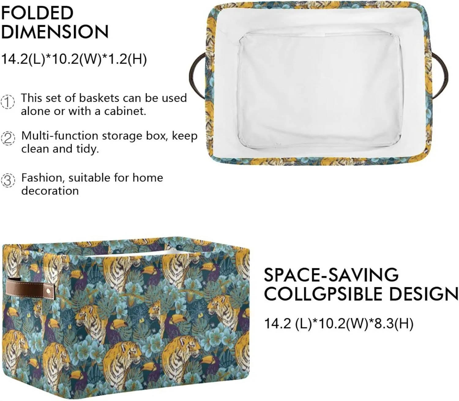 Tropical Seamless Exotic Turquoise Flowers, Toucan and Yellow Tiger 2 PC Rectangle Storage Basket Collapsible Fabric with Leather Handles Bag Organizer Clothes for Home Bedroom 15 x 11 x 9.5 in