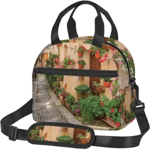 Tuscan Print,Insulated Reusable Lunch Bag with Adjustable Shoulder Strap for Adults,Mediterranean Tuscan House Colorful Flowers,Leakproof Office Picnic Hiking Beach Tote Bag,Multicolor,9x5x7.8in