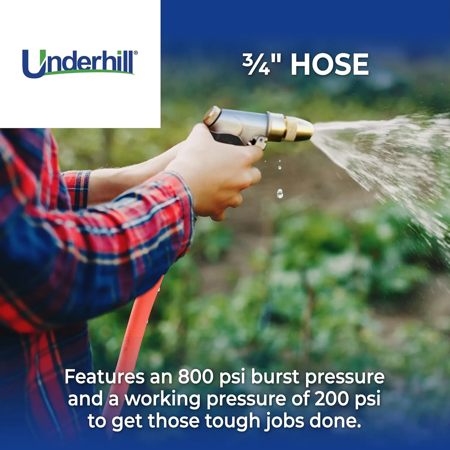 Underhill UltraMax Commercial Garden Water Hose, Heavy-Duty, Rubber, Flexible, Anti-Kink, 200 psi WP, 800 psi BP, H75-125R, ¾ Inch x 125 ft GHT, Red