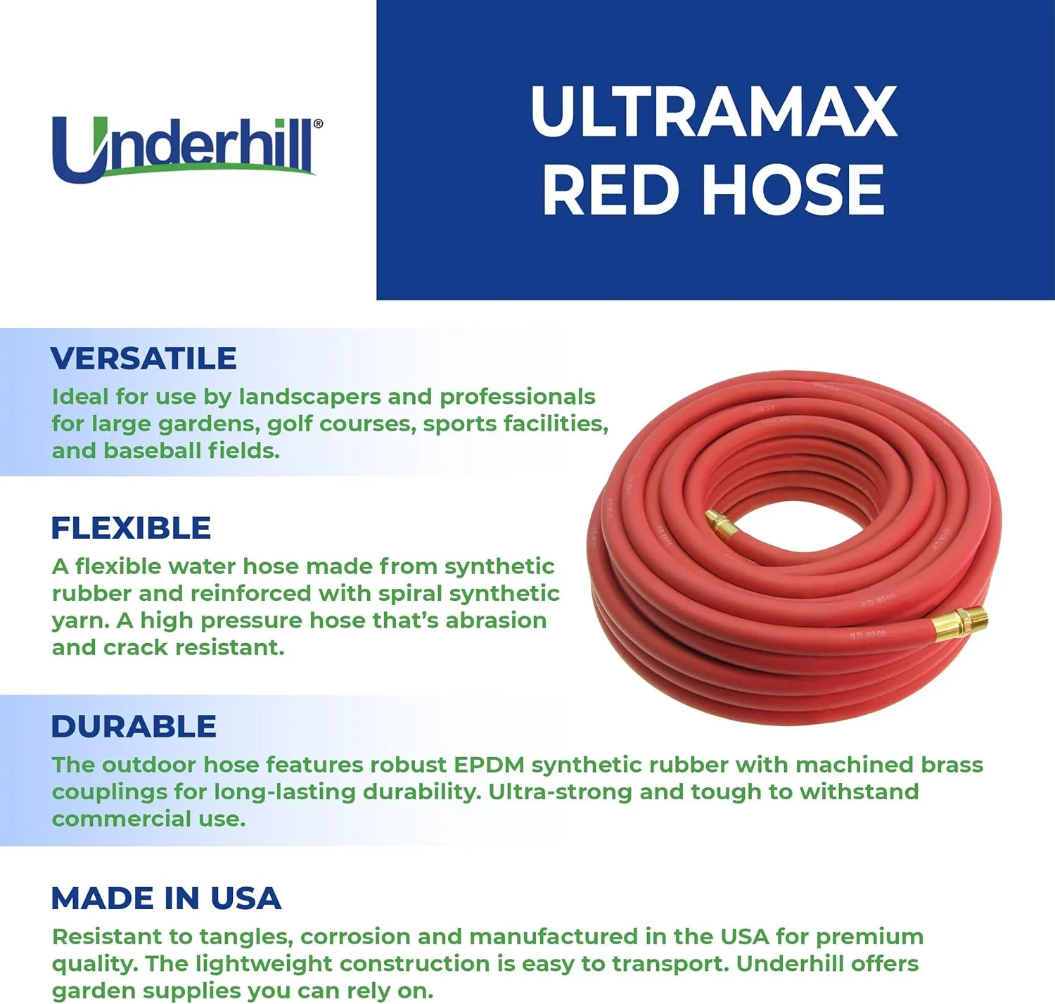 Underhill UltraMax Commercial Garden Water Hose, Heavy-Duty, Rubber, Flexible, Anti-Kink, 200 psi WP, 800 psi BP, H75-125R, ¾ Inch x 125 ft GHT, Red