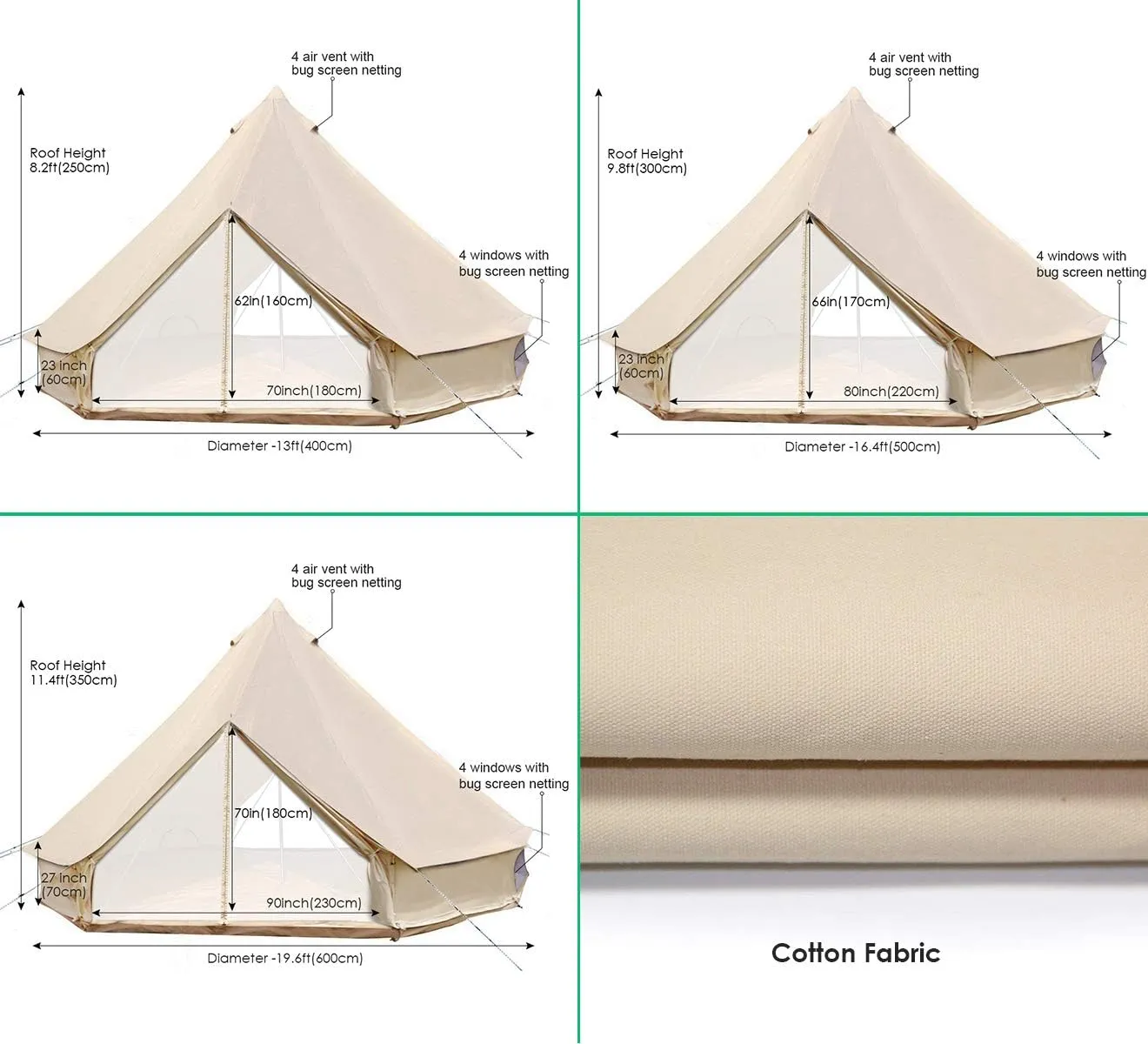 UNISTRENGH 4-Season Luxury 2 Doors Family Cotton Waterproof Bell Tents for Glamping Parties (13.1ft 16.4ft 19.7ft Dia. Size Options)