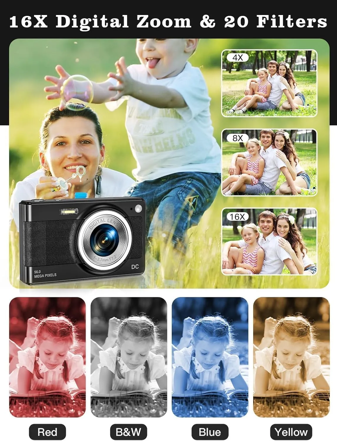 Upgrade Digital Camera, 56MP FHD 1080P Camera for Kids with 16x Zoom Anti Shake, Kid Camera with 32GB TF Card, Two Batteries, Lanyard, Compact Small for Kids Boys Girls（Black）