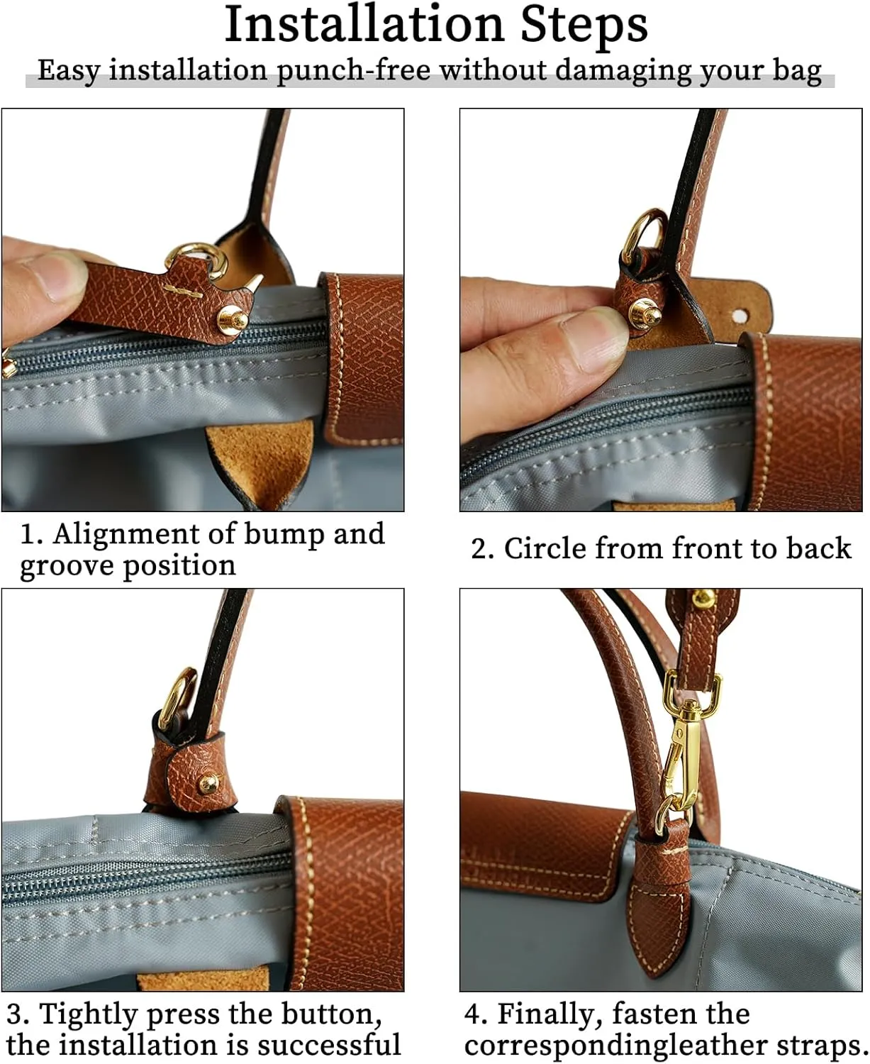 Upgraded Leather Purse Strap Replacement Compatible with Longchamp S M L Bag, Anti-Slip Leather Shoulder Strap Bag Conversion Kit Adjustable for Most Bag Pouch Women (Black, L)