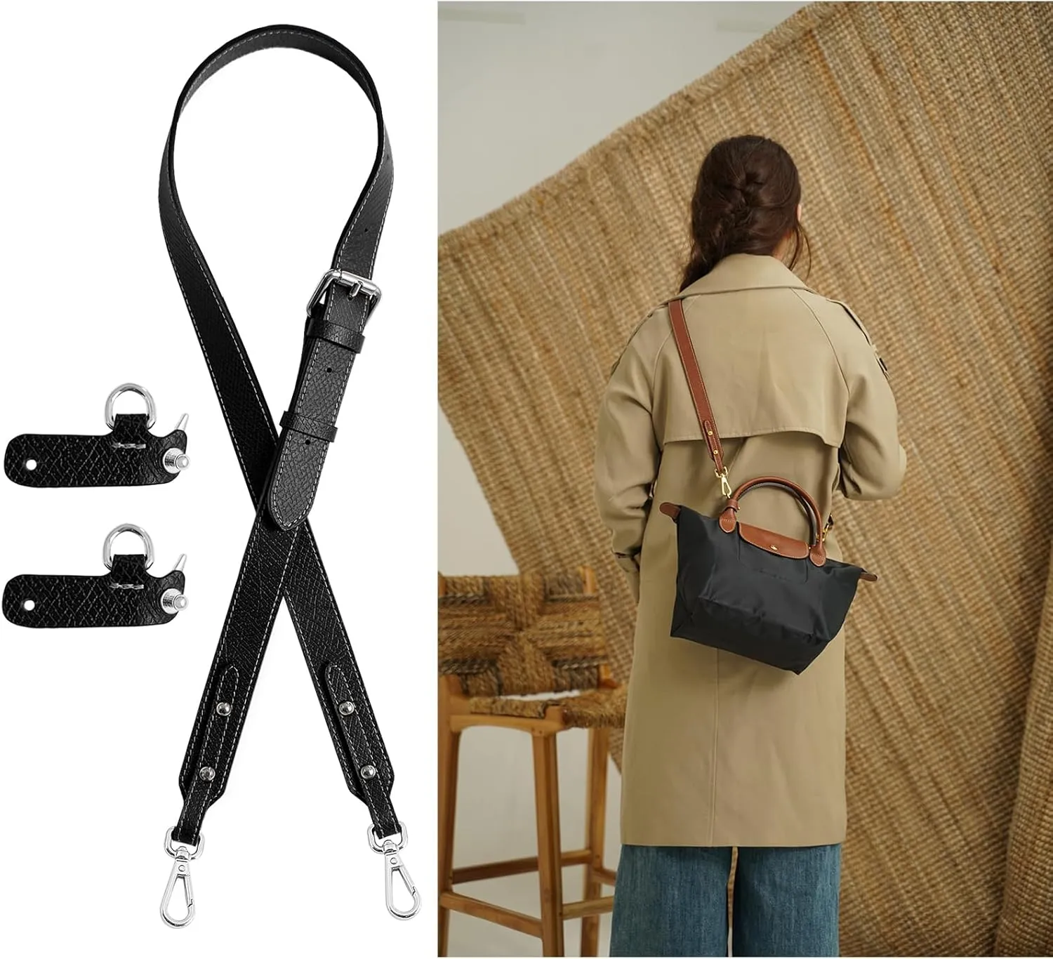 Upgraded Leather Purse Strap Replacement Compatible with Longchamp S M L Bag, Anti-Slip Leather Shoulder Strap Bag Conversion Kit Adjustable for Most Bag Pouch Women (Black, L)