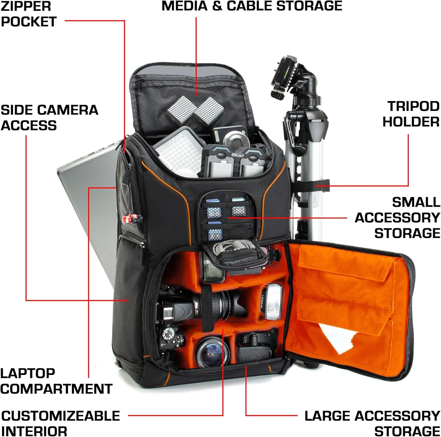 USA Gear Camera Backpack for Photographers DSLR/SLR/Mirrorless Photography Camera Bag with Laptop Compartment, Waterproof Rain Cover & Tripod Holder, Compatible with Canon/Nikon/Sony (Orange)