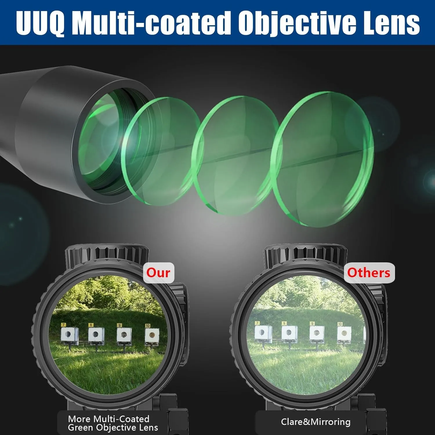 UUQ VibeShield Rifle Scope with Mil-dot Reticle - Shockproof SFP Optics for Hunting and Airsoft, Fit Large Caliber & High Recoil Guns, FMC Green Lens, 1-Inch Tube, Includes 20mm Mounts