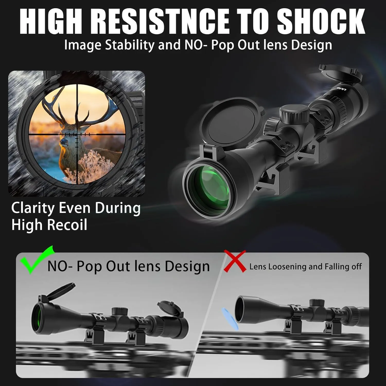 UUQ VibeShield Rifle Scope with Mil-dot Reticle - Shockproof SFP Optics for Hunting and Airsoft, Fit Large Caliber & High Recoil Guns, FMC Green Lens, 1-Inch Tube, Includes 20mm Mounts
