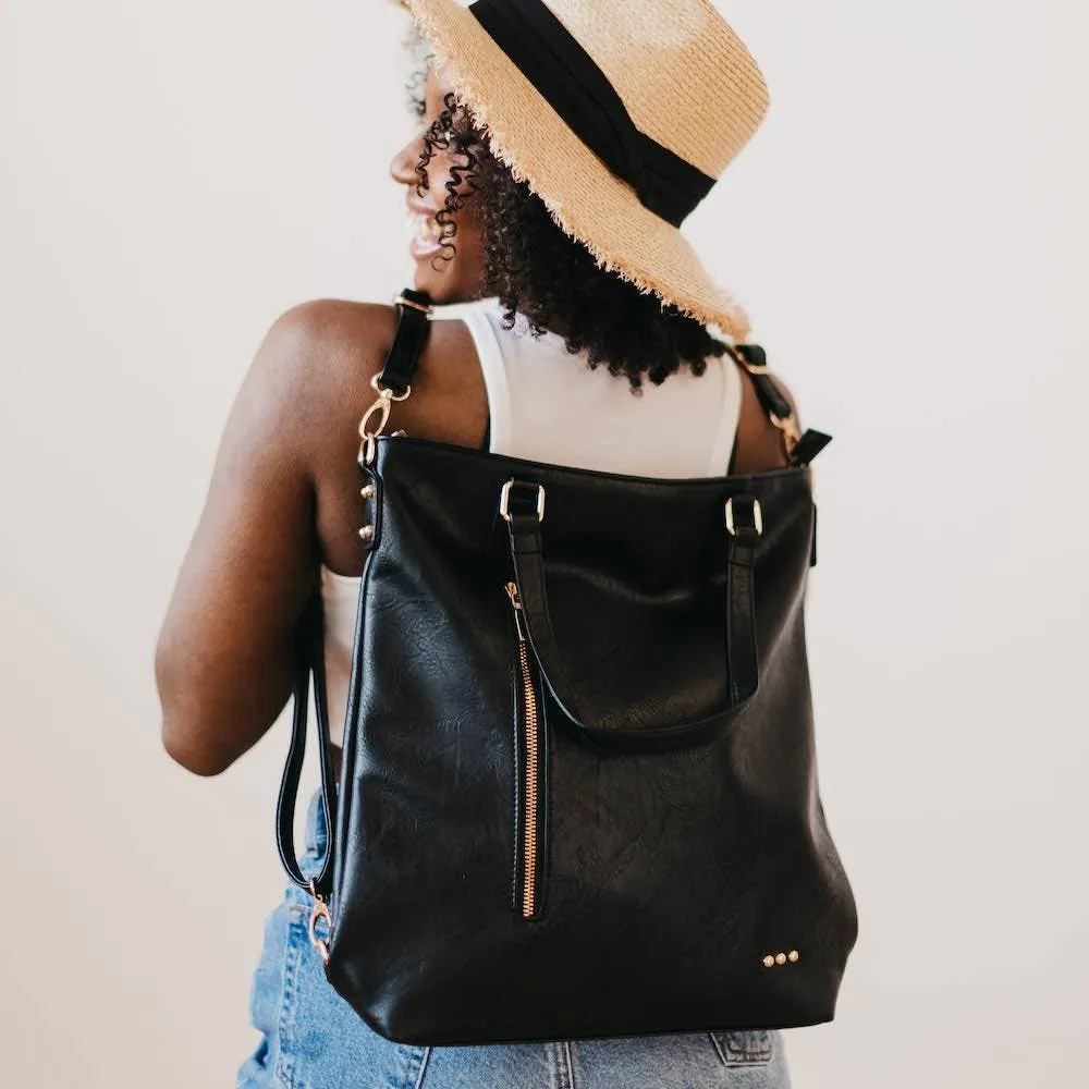 Vegan Leather Backpack & Crossbody Tote Bag: Black