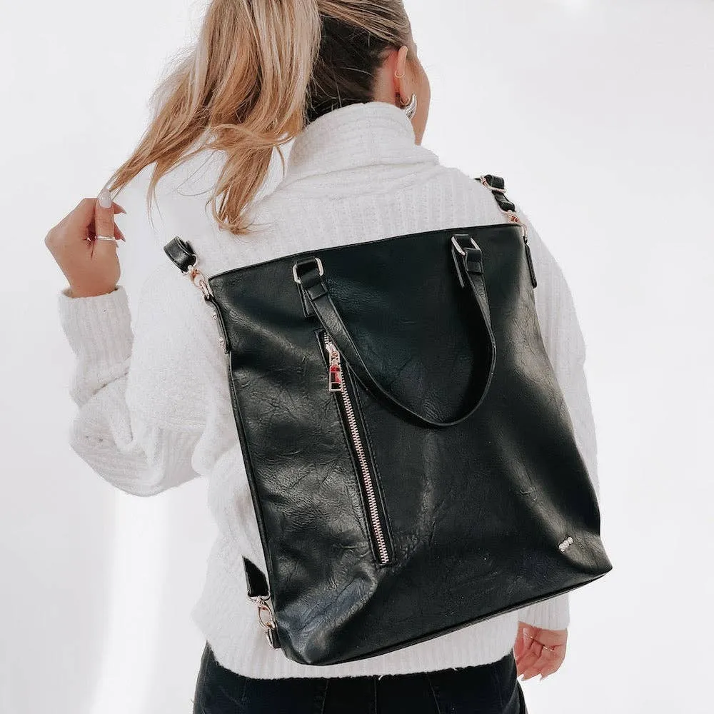 Vegan Leather Backpack & Crossbody Tote Bag: Black