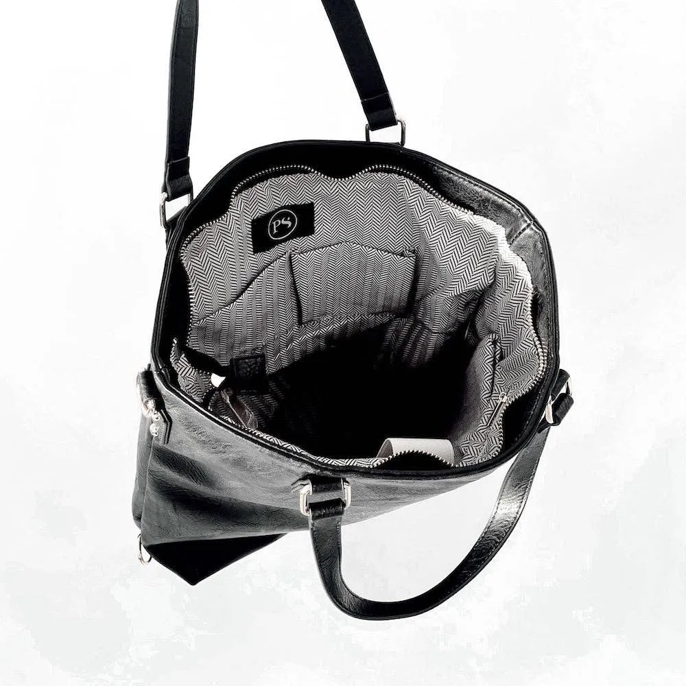 Vegan Leather Backpack & Crossbody Tote Bag: Black