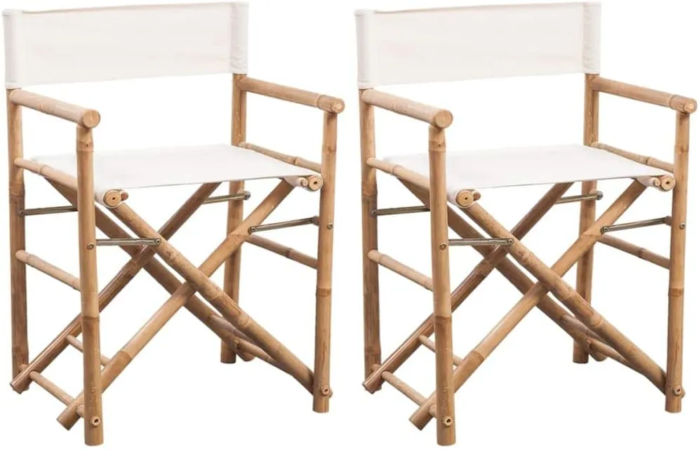 vidaXL Folding Director's Chairs, Set of 2, Bamboo Frame with White Canvas, Indoor/Outdoor Portable Seating for Garden, Patio, Living Room