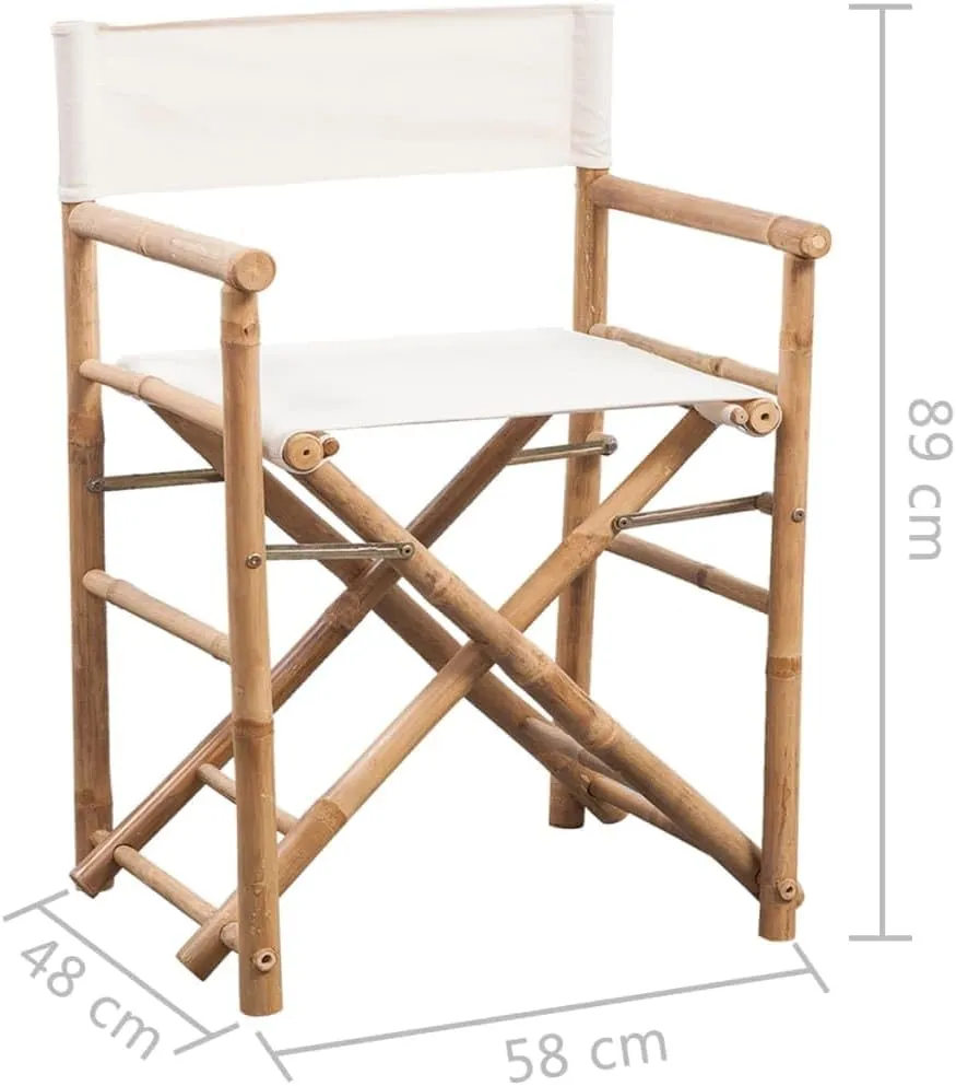 vidaXL Folding Director's Chairs, Set of 2, Bamboo Frame with White Canvas, Indoor/Outdoor Portable Seating for Garden, Patio, Living Room