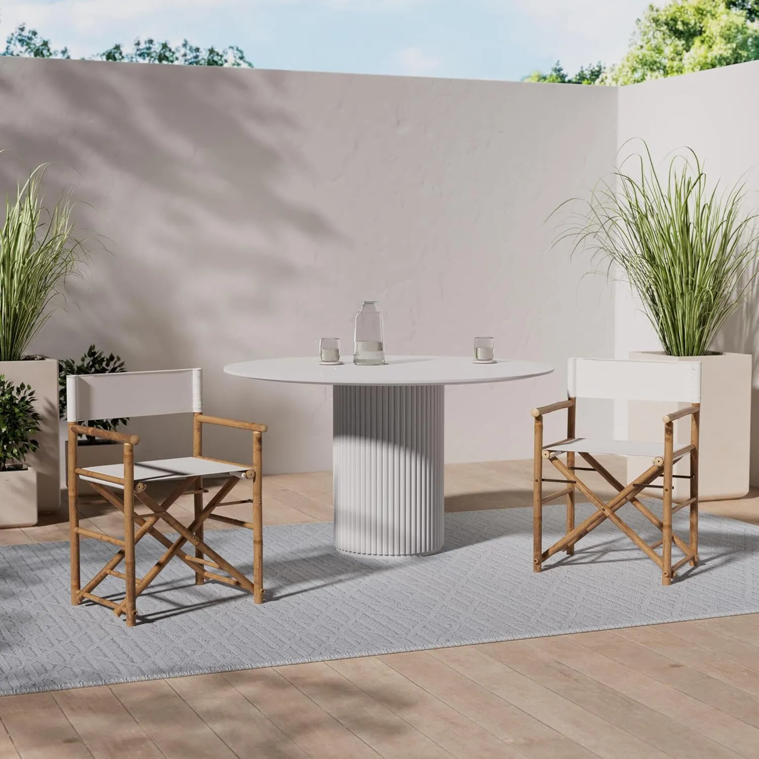 vidaXL Folding Director's Chairs, Set of 2, Bamboo Frame with White Canvas, Indoor/Outdoor Portable Seating for Garden, Patio, Living Room