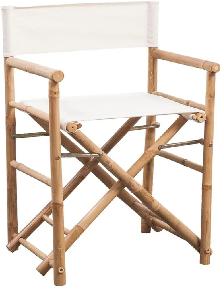 vidaXL Folding Director's Chairs, Set of 2, Bamboo Frame with White Canvas, Indoor/Outdoor Portable Seating for Garden, Patio, Living Room