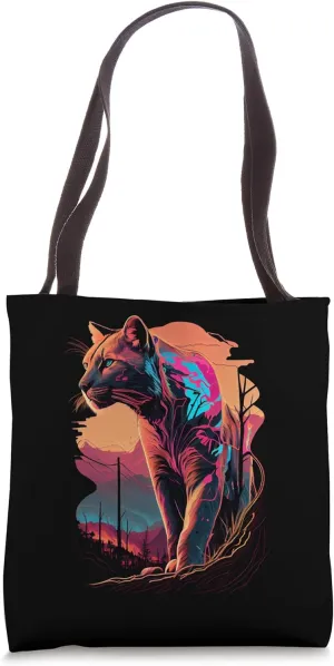 Vintage Cougar Silhouette with Mountain Sunset Retro Tote Bag