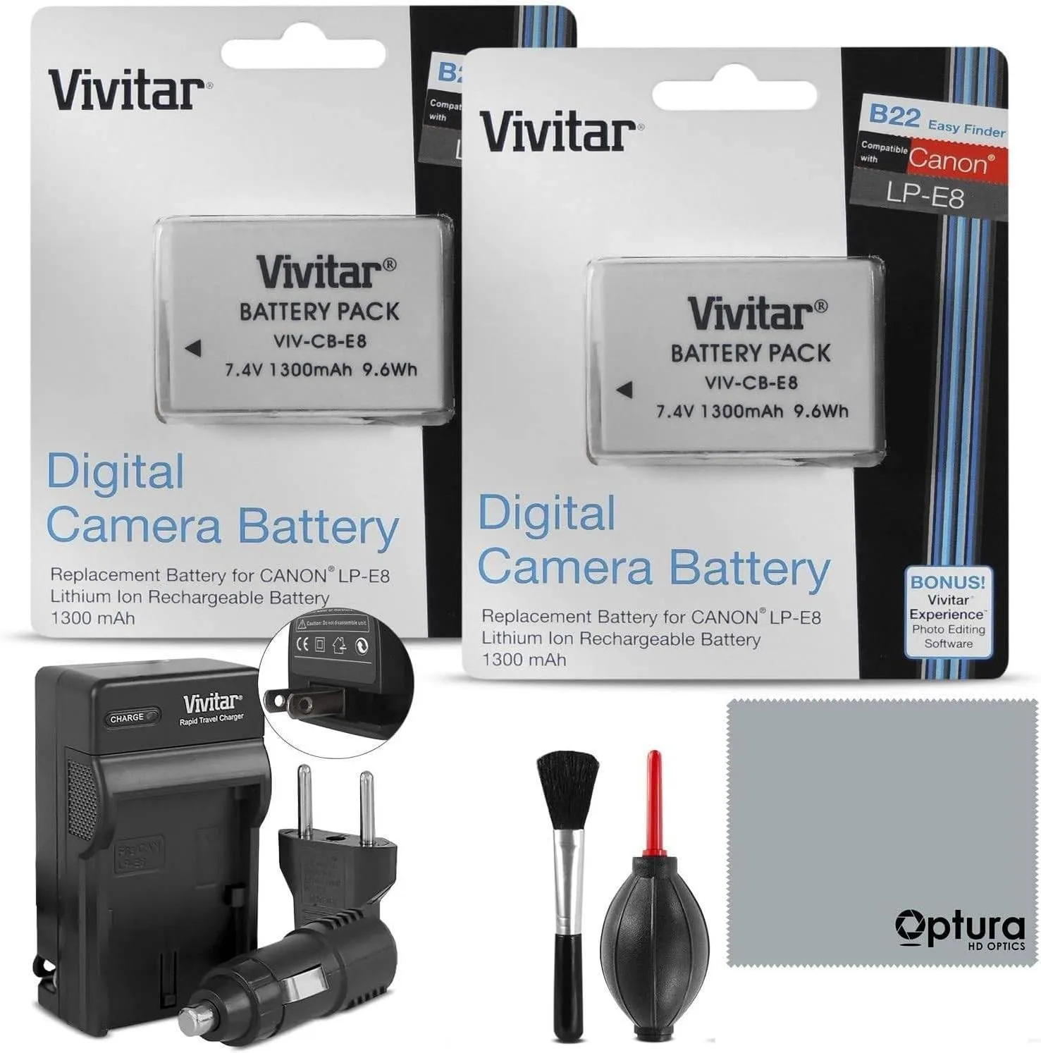 Vivitar LP-E8 Battery and Charger Kit for CANON REBEL T5i T4i T3i T2i, EOS 700D 650D 600D 550D DSLR Bundle with 2 Vivitar Rechargeable 1300mAh Li-ion Batteries, AC/DC Vivitar Travel Charger, MagicFiber Lens Cleaning Kit