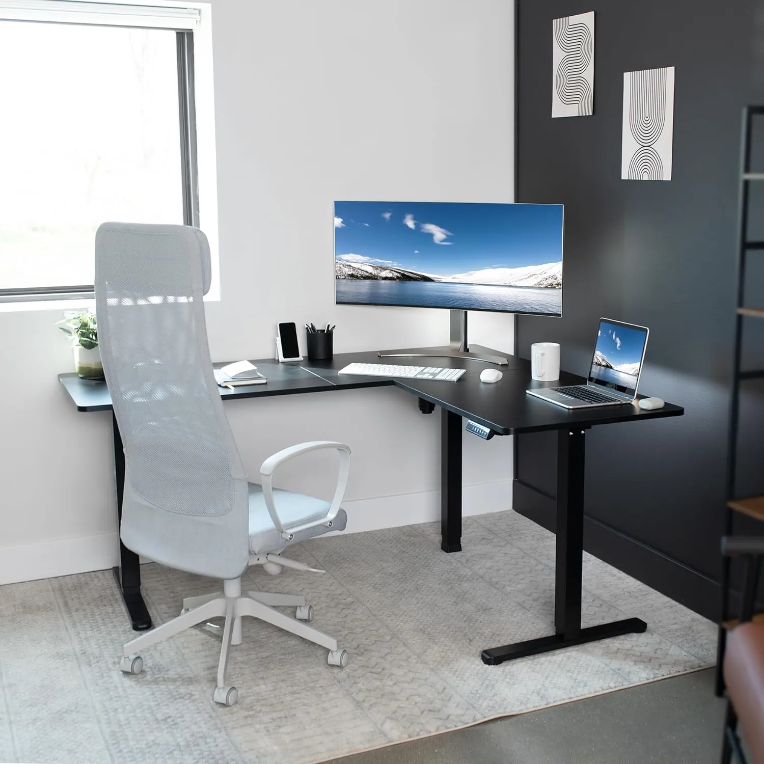 VIVO Electric Corner L-Shaped 63 x 55 in Standing Desk, Memory Height Adjustment, Black Top Black Frame, DESK-E3CTB