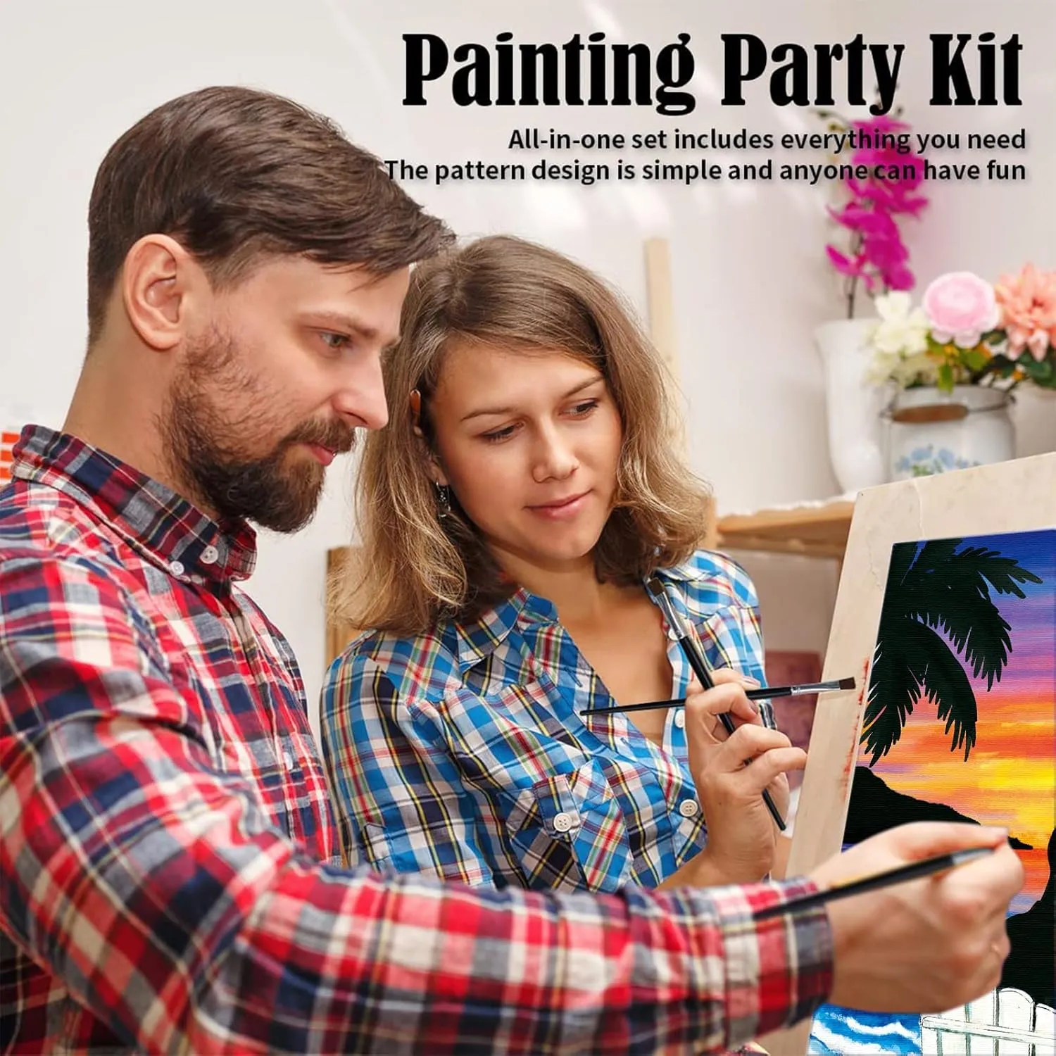 VOCHIC Sip and Paint Kit,Pre Drawn Canvas Couples Paint Party Kit Painting Art Set for Adults Date Night Sunset Beach Lovers 2 Pack (8 x 10 Inches)