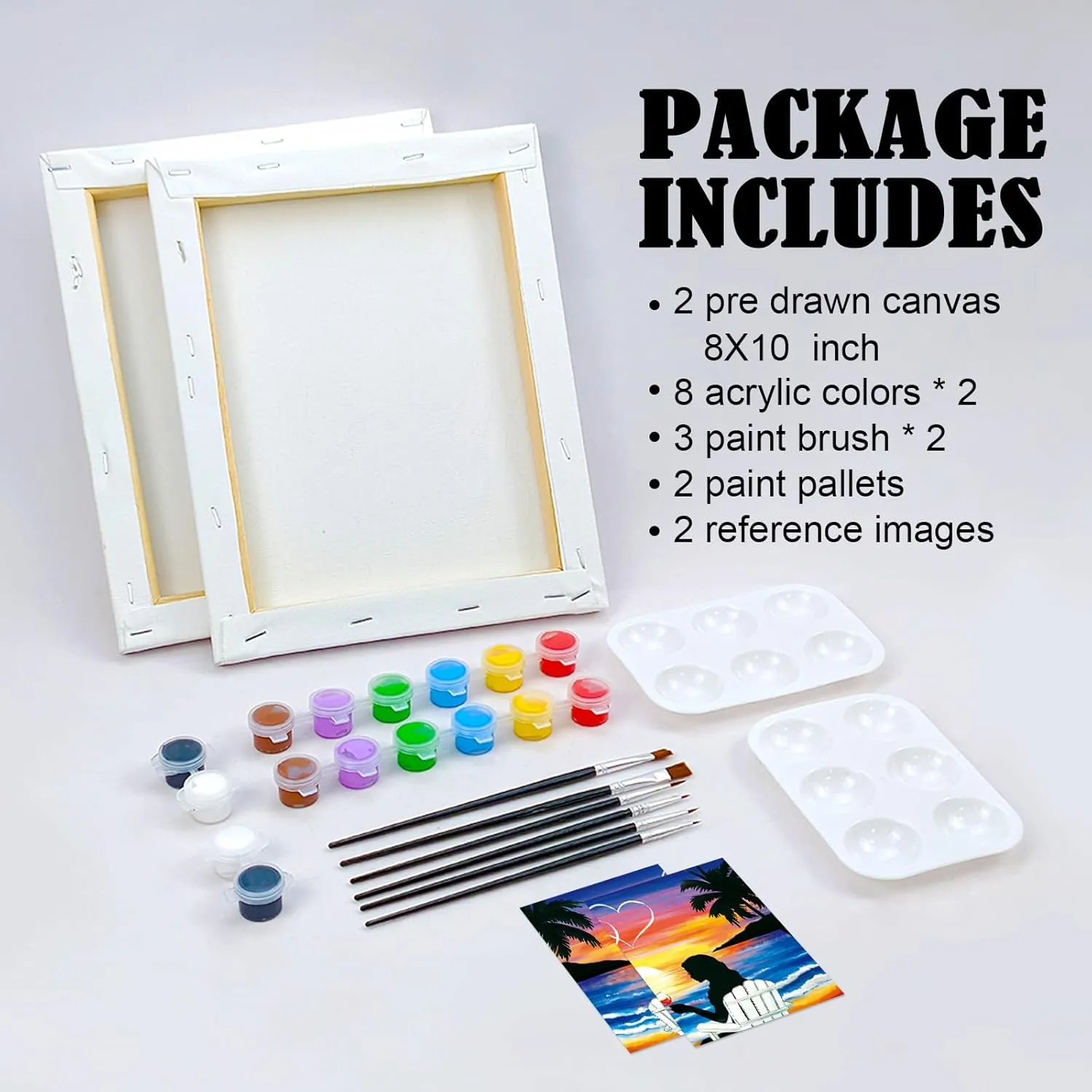 VOCHIC Sip and Paint Kit,Pre Drawn Canvas Couples Paint Party Kit Painting Art Set for Adults Date Night Sunset Beach Lovers 2 Pack (8 x 10 Inches)